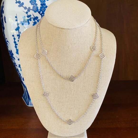 Kendra Scott Devalyn Long Station Necklace Logo Medallion Silver - Picture 2 of 6